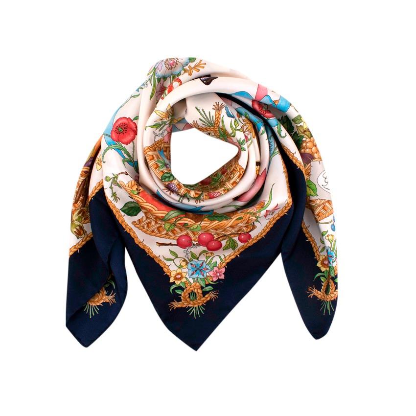 
Gucci Vintage 87cm V.Accornero Butterfly Floral Silk Square Scarf

- Whimsical floral motif featuring wildflowers, butterflies and fruit basket, by V.Accornero first debuted in the late '60's. 
- Ivory background with french navy border and