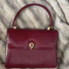 Gucci Vintage Bag Burgundy Lizard Leather Blue Lapis Lazuli Stone Gold-tone HW