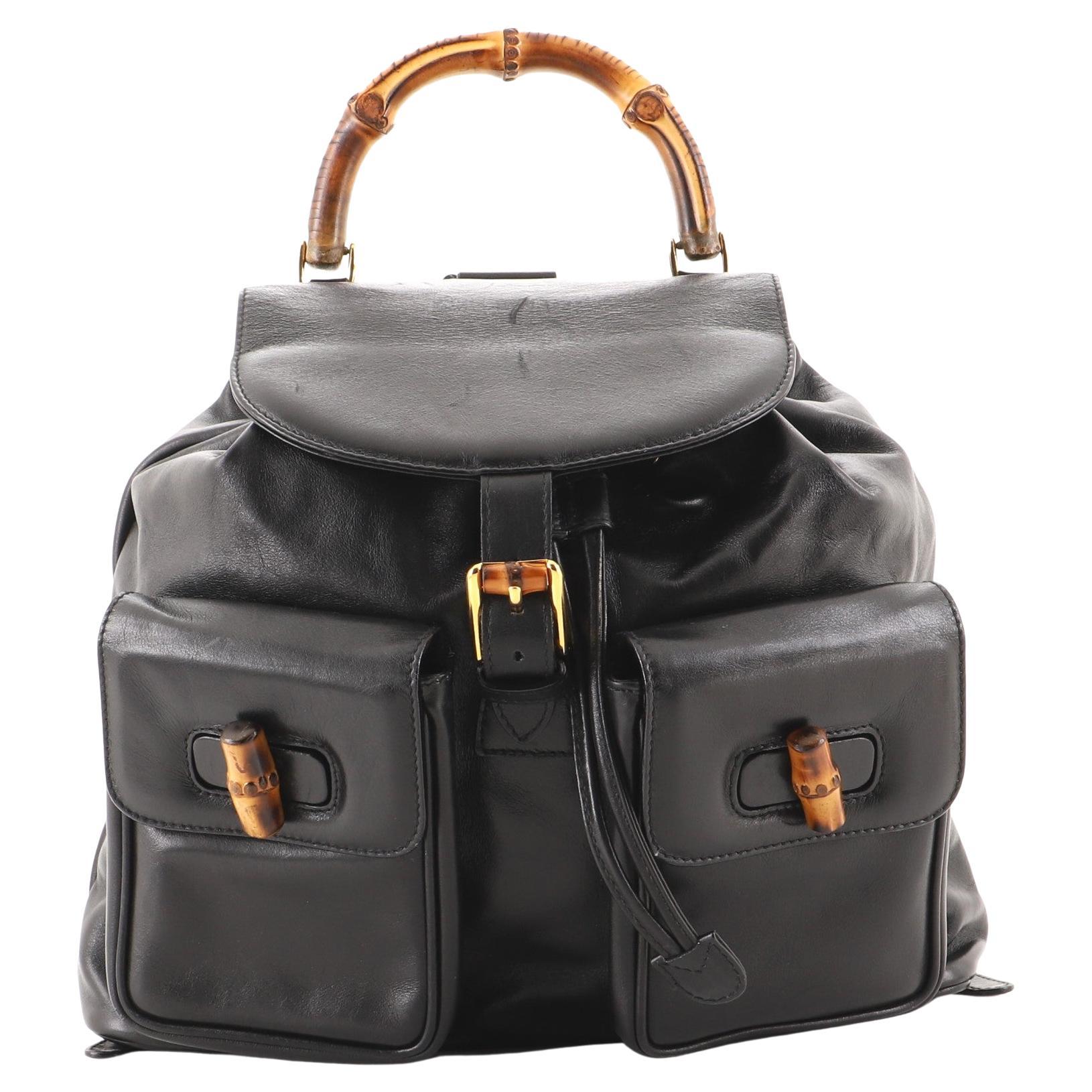 GUCCI Black Leather Bamboo Handle Mini Drawstring Backpack Handbag