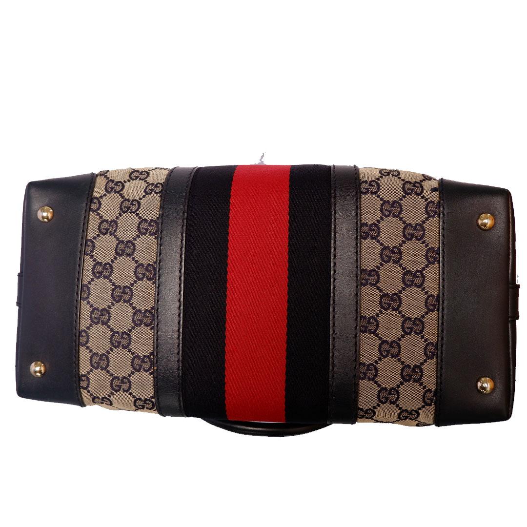 Gucci Vintage Beige Black GG Canvas Leather Web Rania Top Handle Bag In Good Condition In Irvine, CA