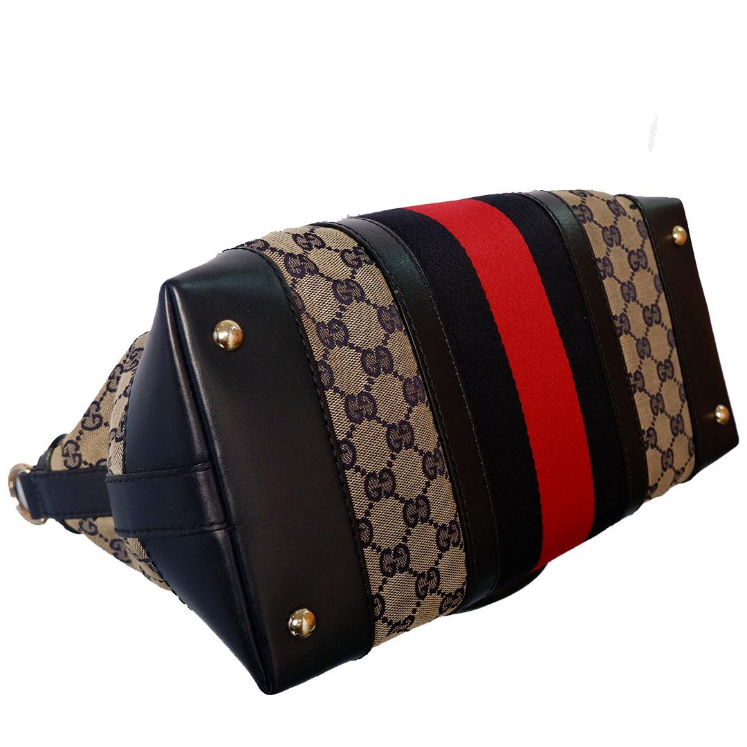 Women's Gucci Vintage Beige Black GG Canvas Leather Web Rania Top Handle Bag