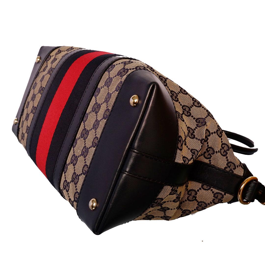Gucci Vintage Beige Black GG Canvas Leather Web Rania Top Handle Bag 1