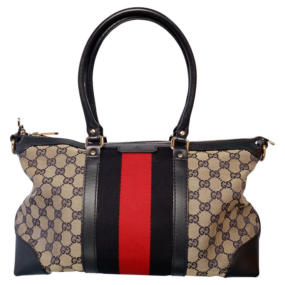 Gucci Vintage Beige Black GG Canvas Leather Web Rania Top Handle