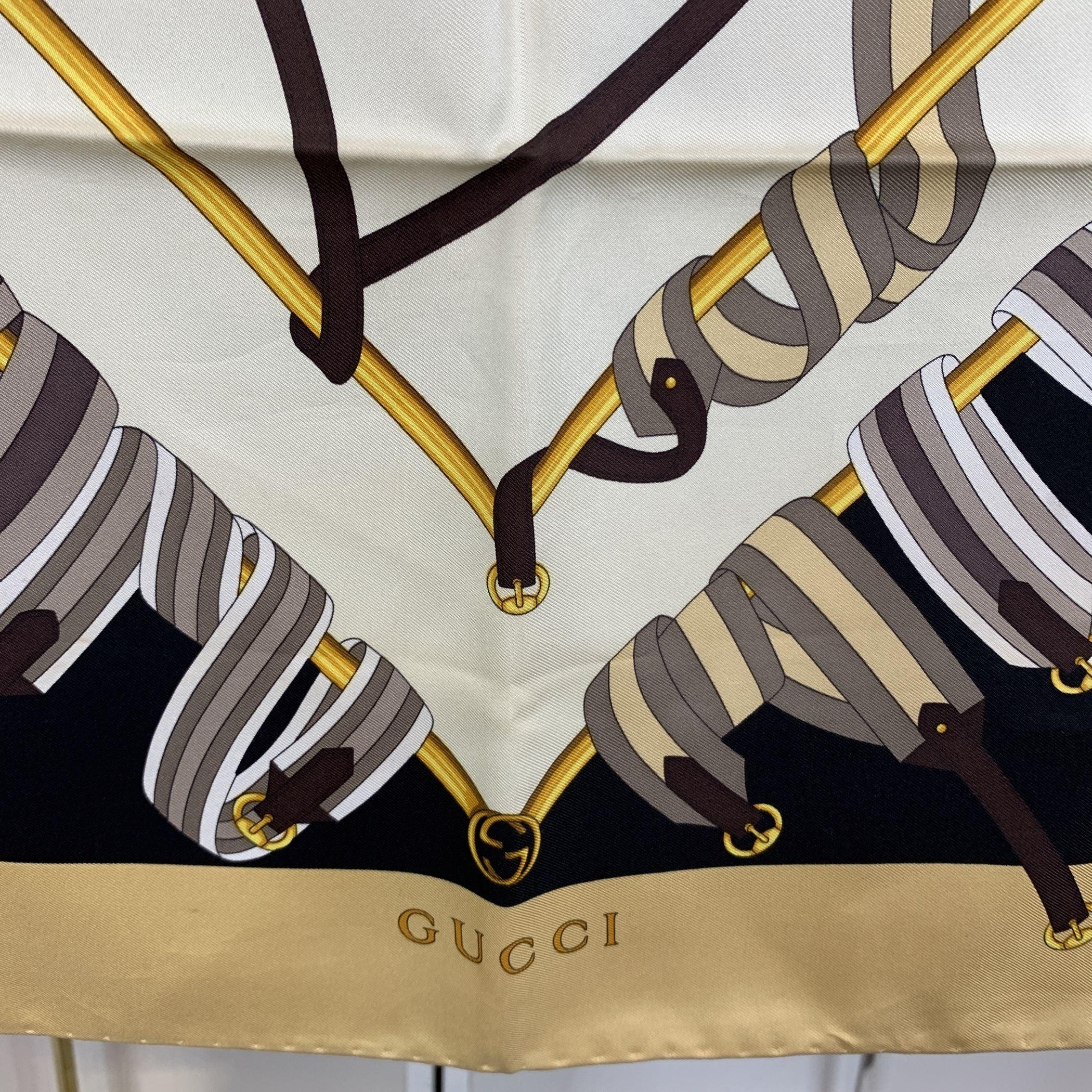 Gucci Vintage Beige Brown Black Silk Buckles and Belts Silk Scarf In Good Condition In Rome, Rome
