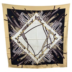 Gucci Vintage Beige Brown Black Silk Buckles and Belts Silk Scarf