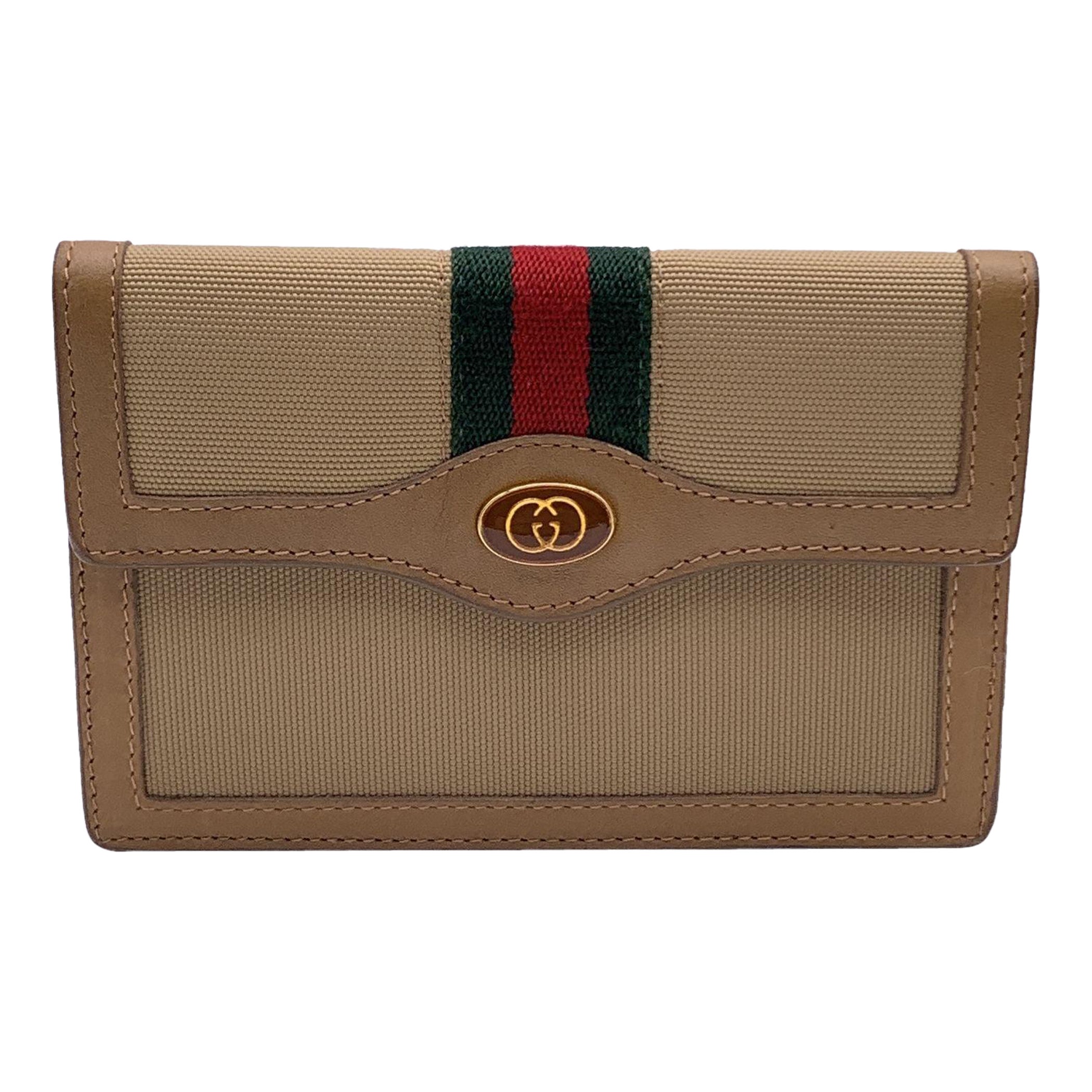 Gucci Vintage Beige Canvas Small Flap Wallet Coin Purse with Stripes