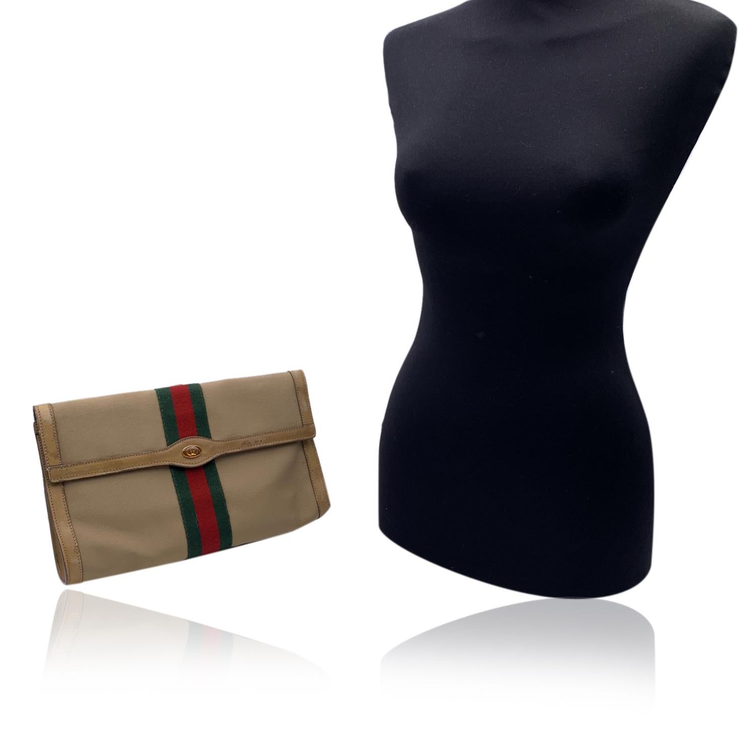 Women's or Men's Gucci Vintage Beige Canvas Web Flap Cosmetic Bag Clutch Handbag