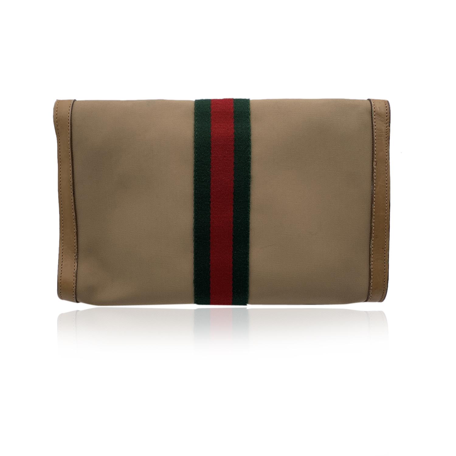 Gucci Vintage Beige Canvas Web Flap Cosmetic Bag Clutch Handbag 2