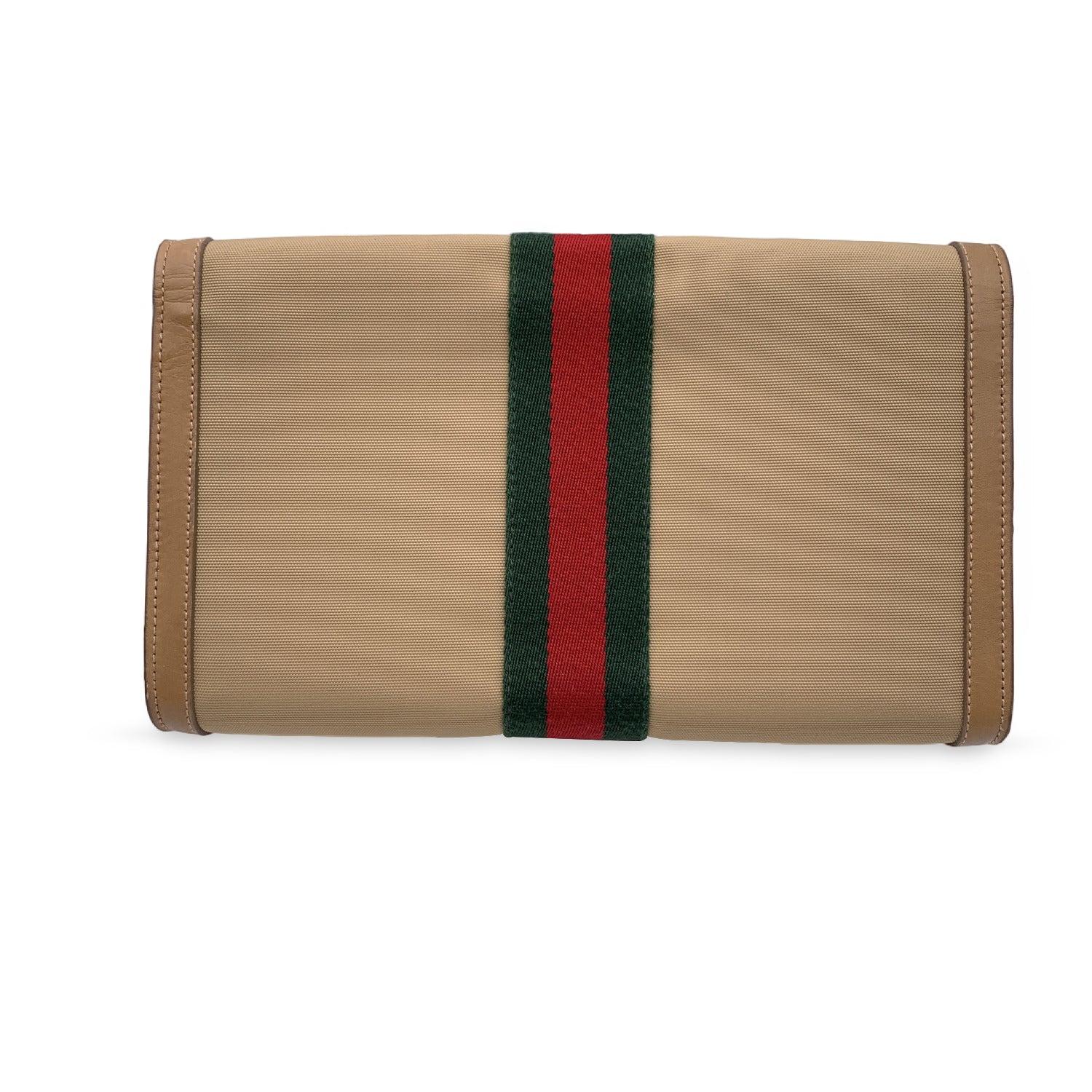 Gucci Vintage Beige Canvas Web Ophidia Cosmetic Bag Clutch Handbag In Excellent Condition In Rome, Rome