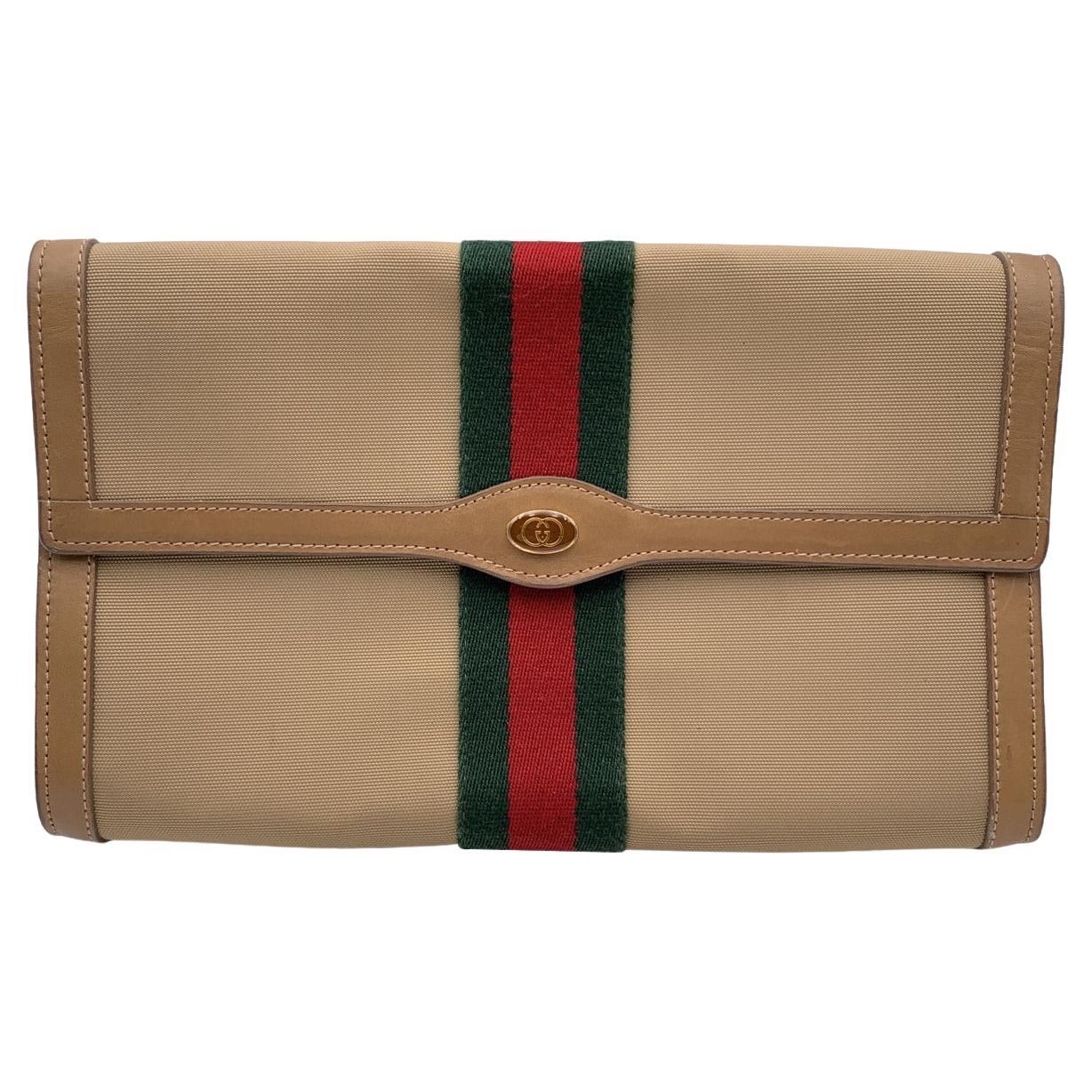 Gucci Vintage Beige Canvas Web Ophidia Cosmetic Bag Clutch Handbag