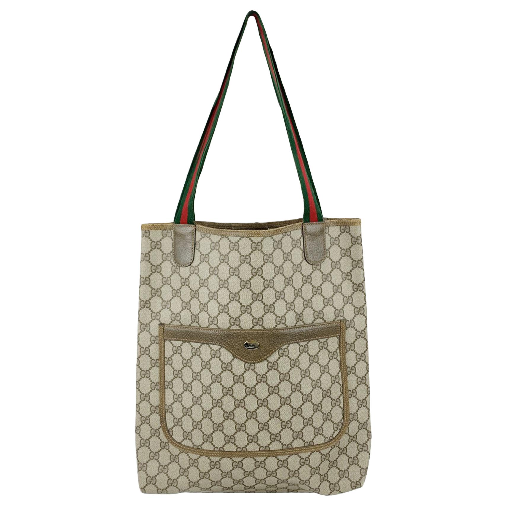 Gucci Vintage Beige GG Monogram Canvas Shopping Bag Tote