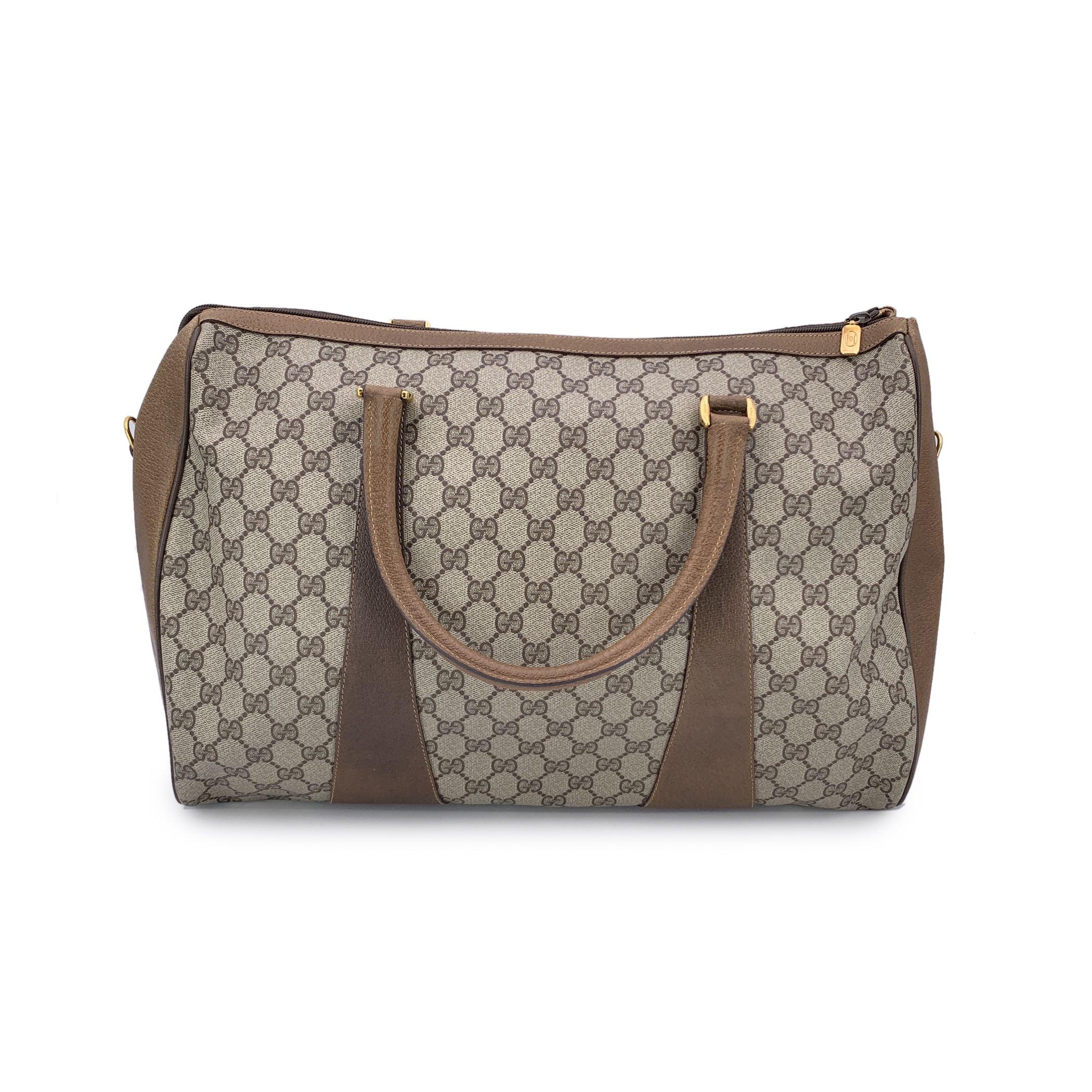 Gucci Vintage Beige GG Monogram Canvas Web Duffle Travel Bag In Good Condition In Rome, Rome