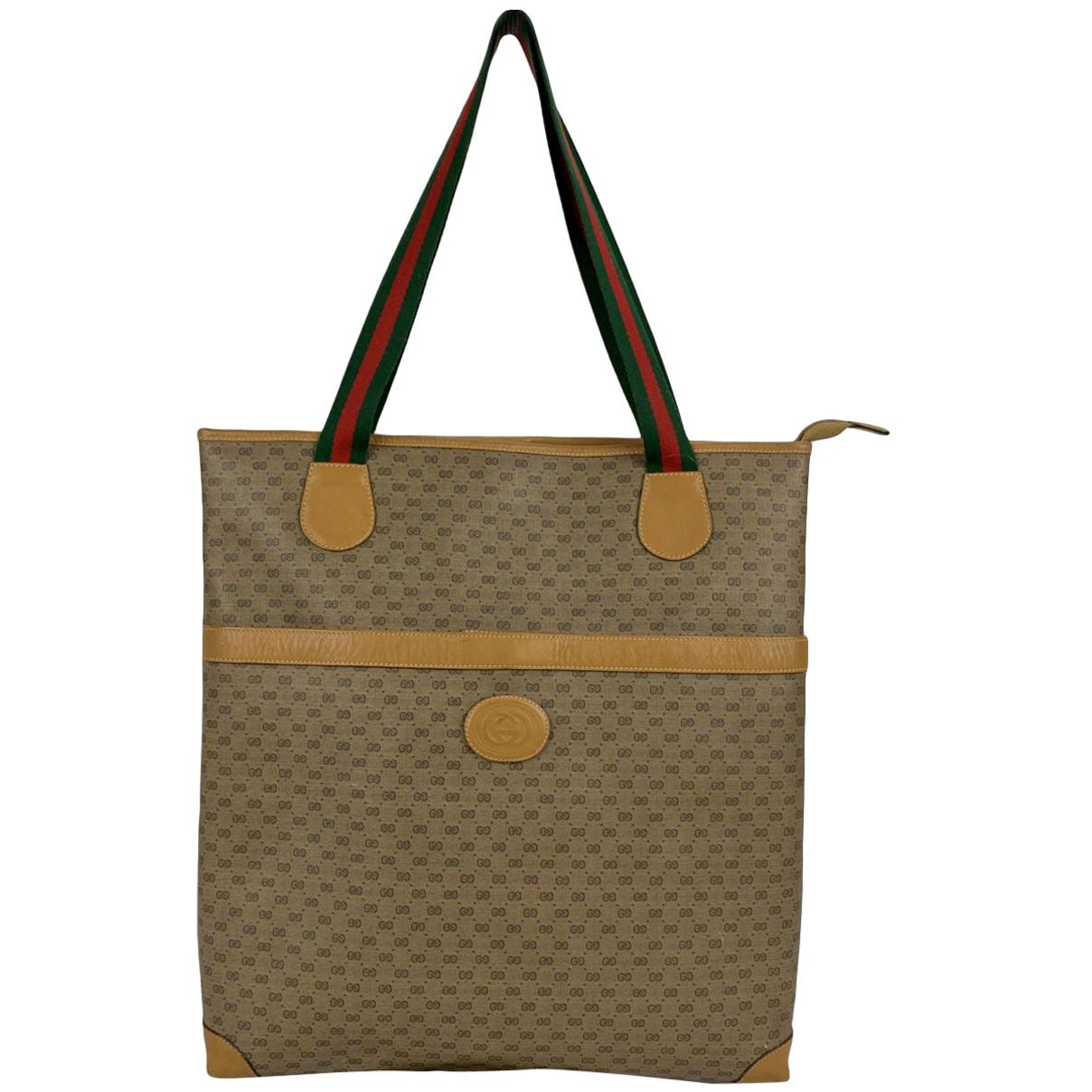 Gucci Vintage Beige GG Monogram Web Canvas  Tote Shopping Bag