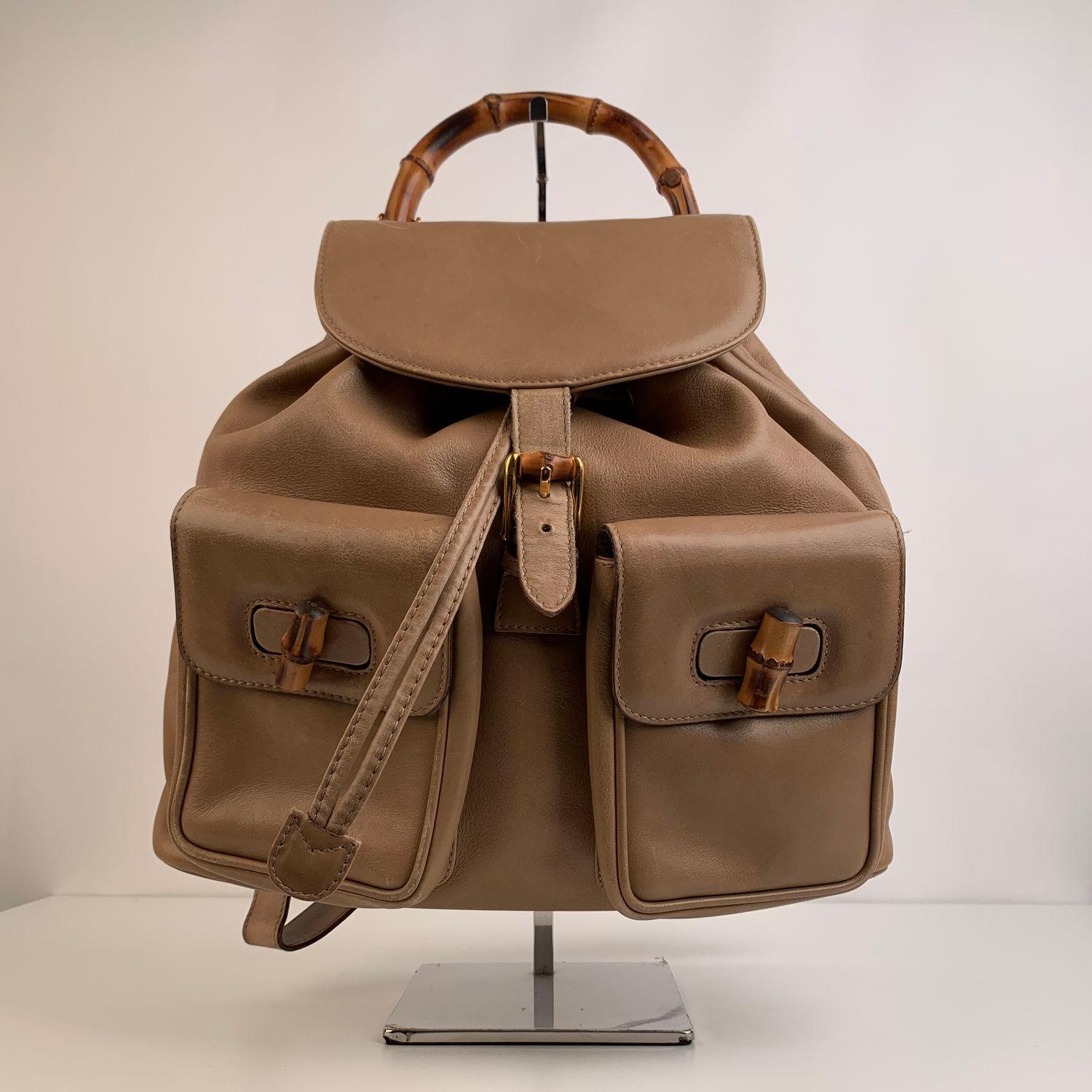 Gucci Vintage Beige Leather Bamboo MM Backpack Shoulder Bag 8