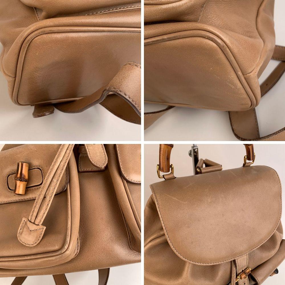 Women's Gucci Vintage Beige Leather Bamboo MM Backpack Shoulder Bag