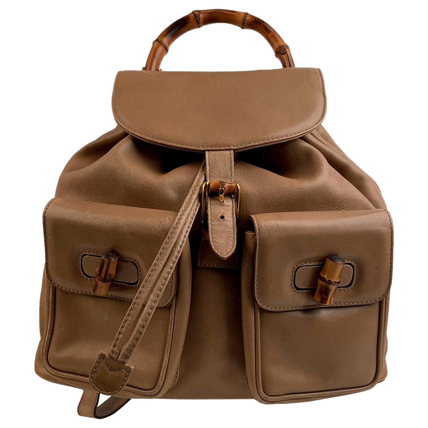 Gucci Vintage Beige Leather Bamboo MM Backpack Shoulder Bag