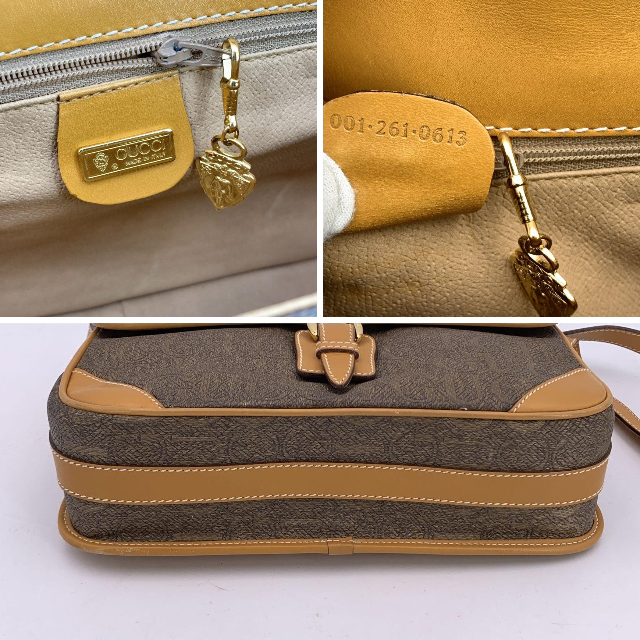 Women's Gucci Vintage Beige Leather Brown Logo Canvas Shoulder Bag For Sale