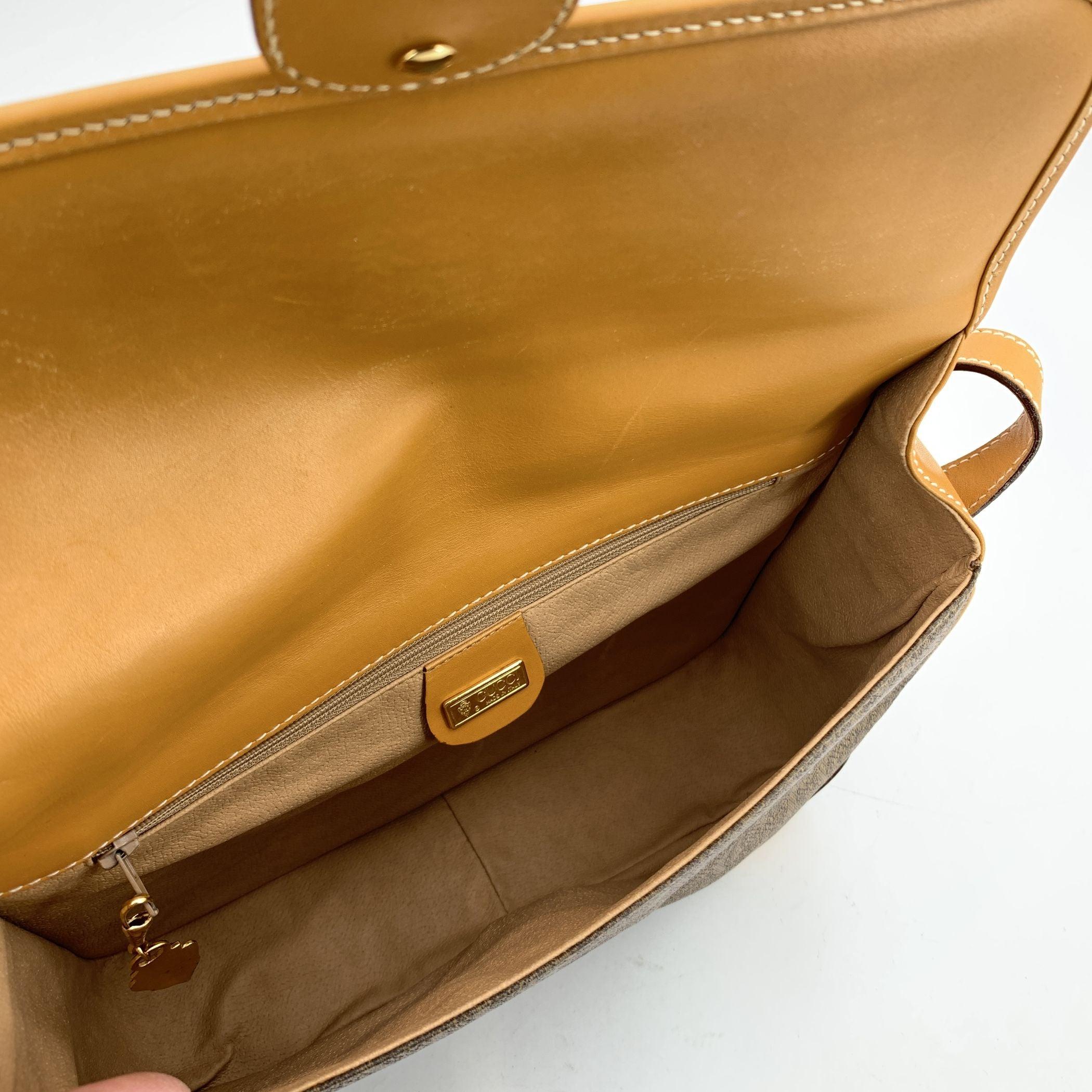 Gucci Vintage Beige Leather Brown Logo Canvas Shoulder Bag For Sale 1
