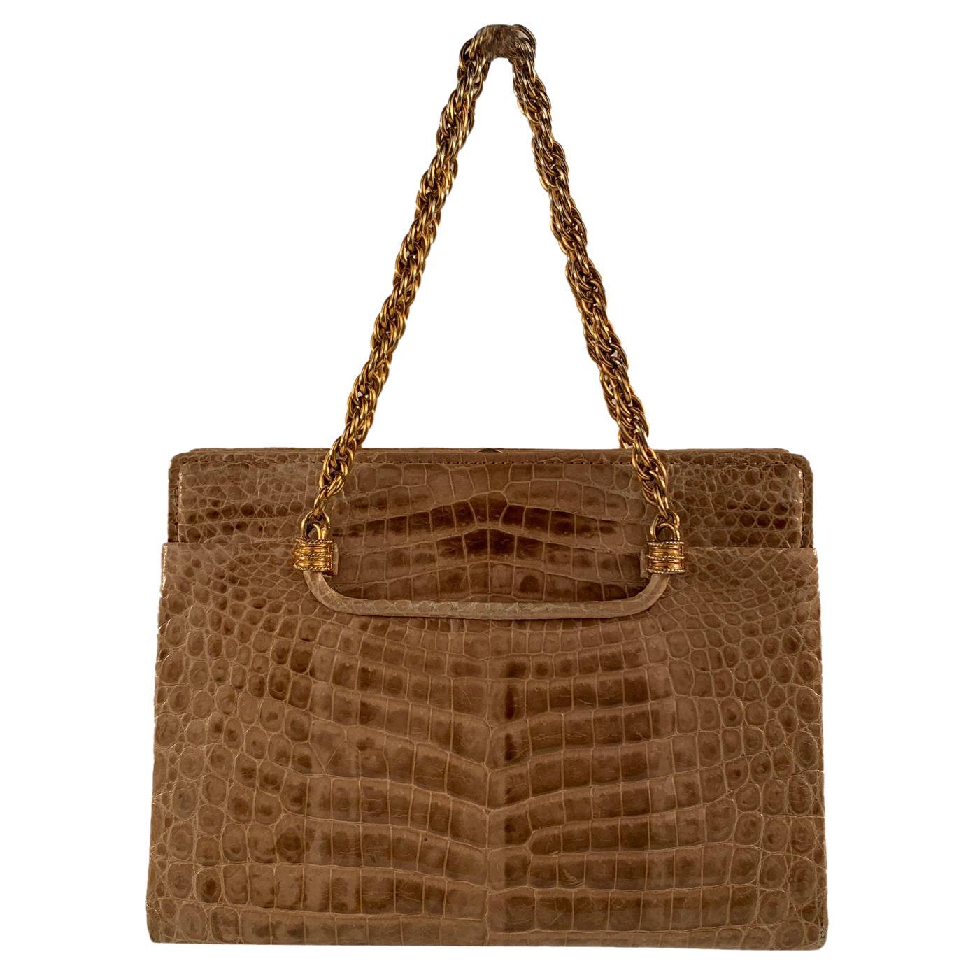 Gucci Vintage Beige Leather Handbag with Chain Handles