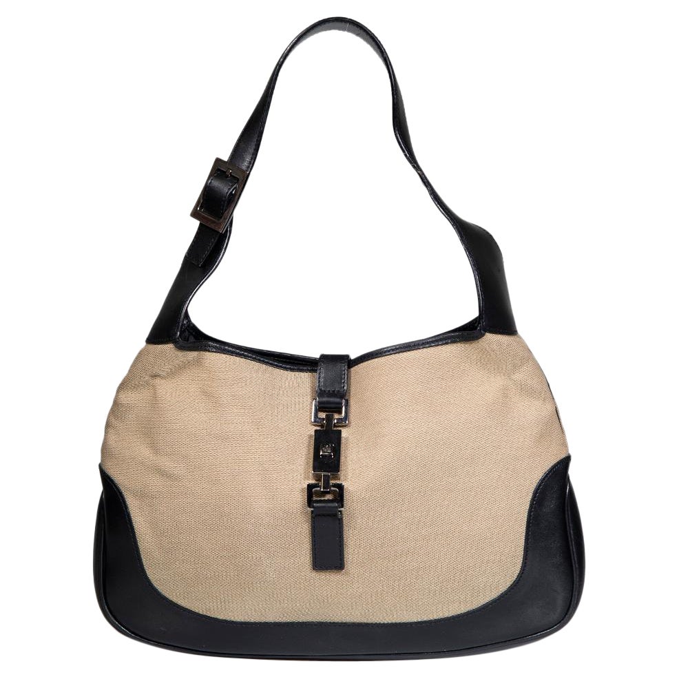 Gucci Vintage Beige Leather Trim Jackie O Hobo