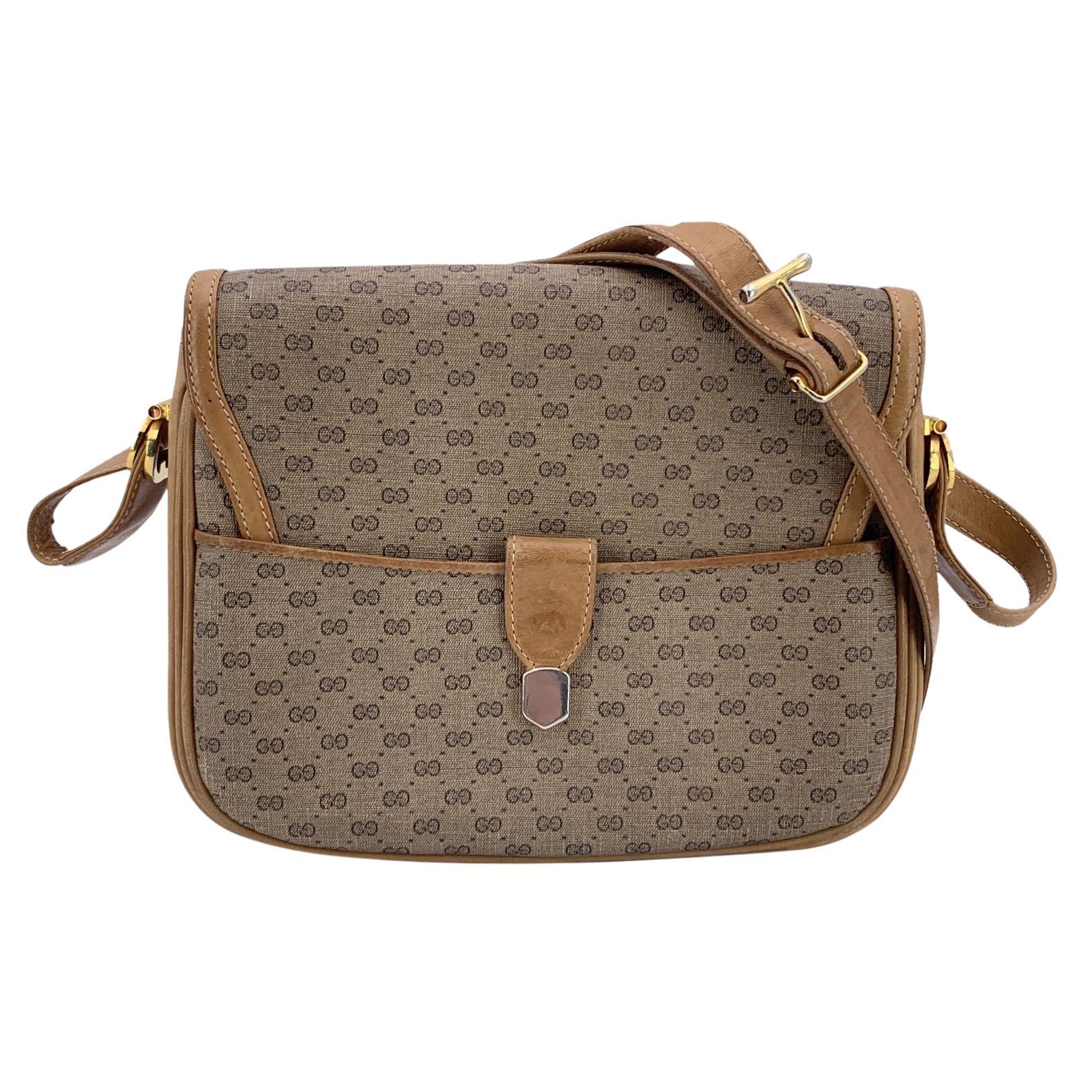 Gucci Vintage Beige Monogram Canvas and Leather Flap Shoulder Bag For Sale