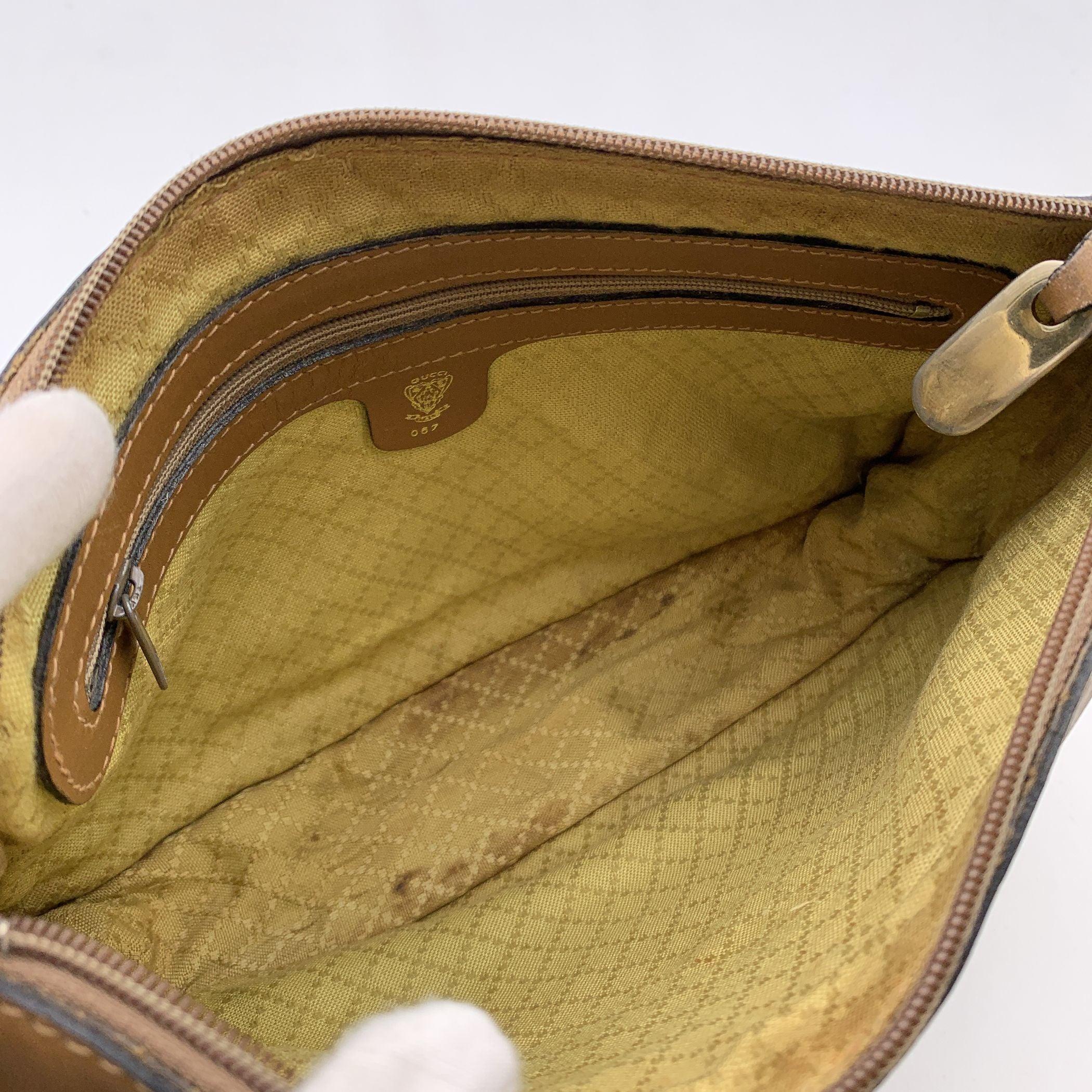 Gucci Vintage Beige Monogram Canvas and Leather Shoulder Bag For Sale 1