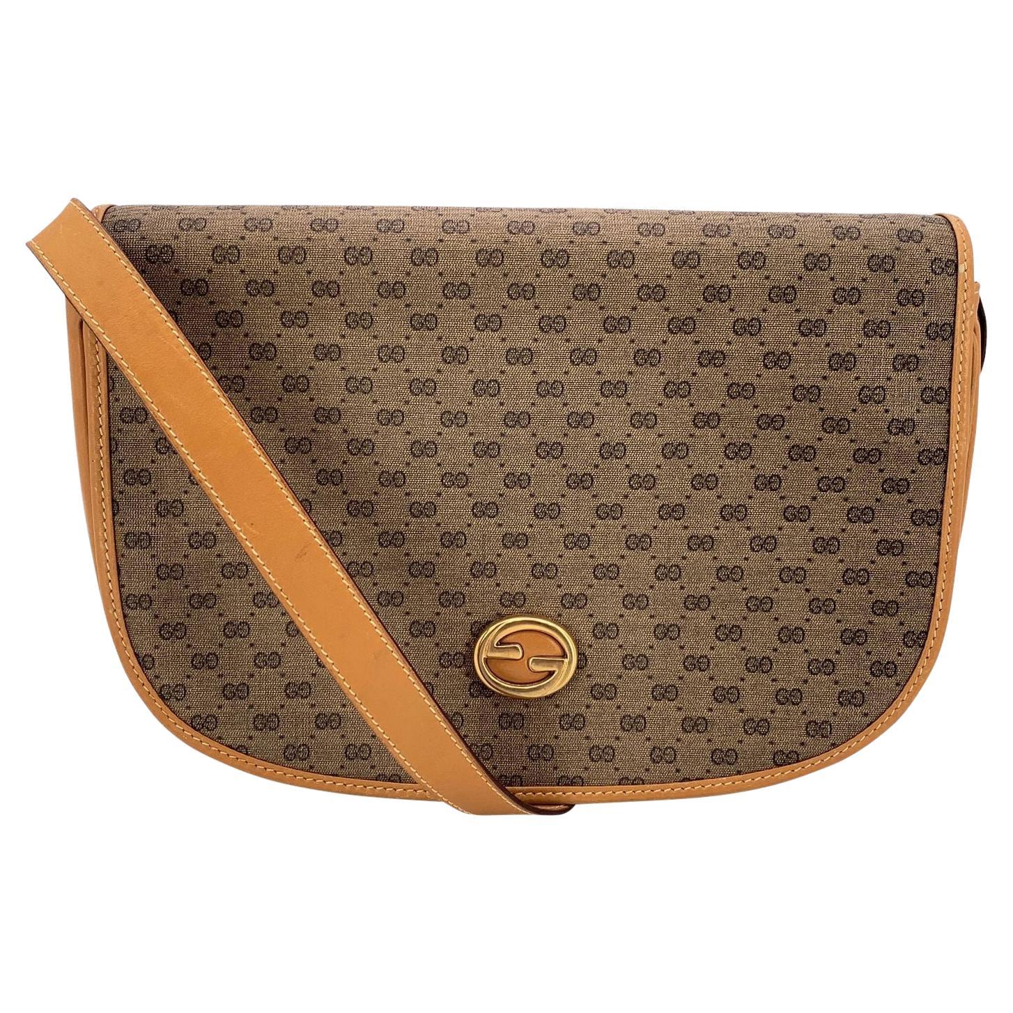 Gucci Vintage Beige Monogram Canvas and Leather Shoulder Bag For Sale