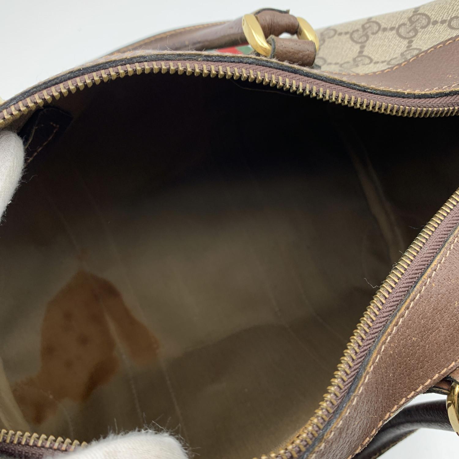 Women's Gucci Vintage Beige Monogram Canvas Boston Bag with Web Stripes