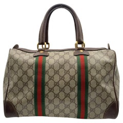 Gucci Vintage Beige Monogram Canvas Boston Bag with Web Stripes