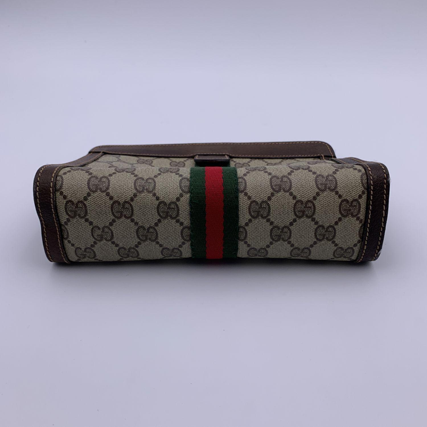 Gucci Vintage Beige Monogram Canvas Cosmetic Bag Clutch with Stripes In Excellent Condition In Rome, Rome