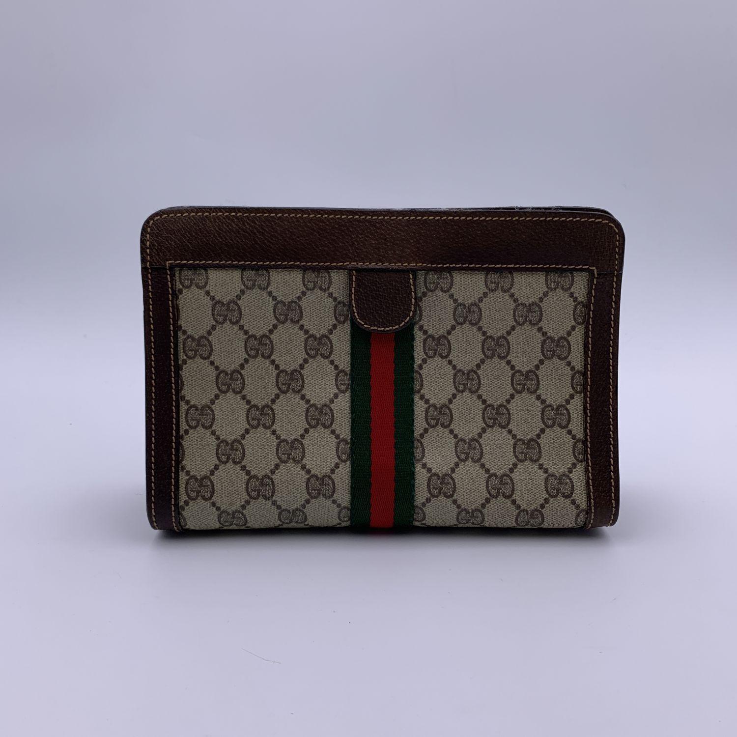 Women's Gucci Vintage Beige Monogram Canvas Cosmetic Bag Clutch with Stripes