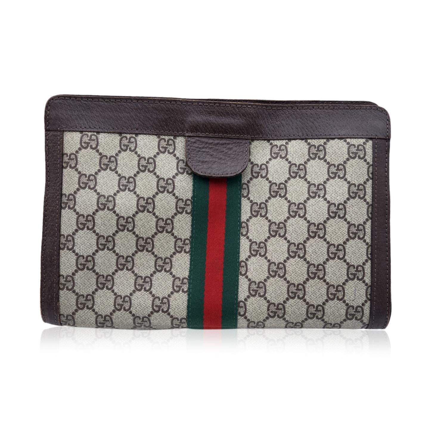 Gucci Vintage Beige Monogram Canvas Cosmetic Case with Stripes In Good Condition In Rome, Rome
