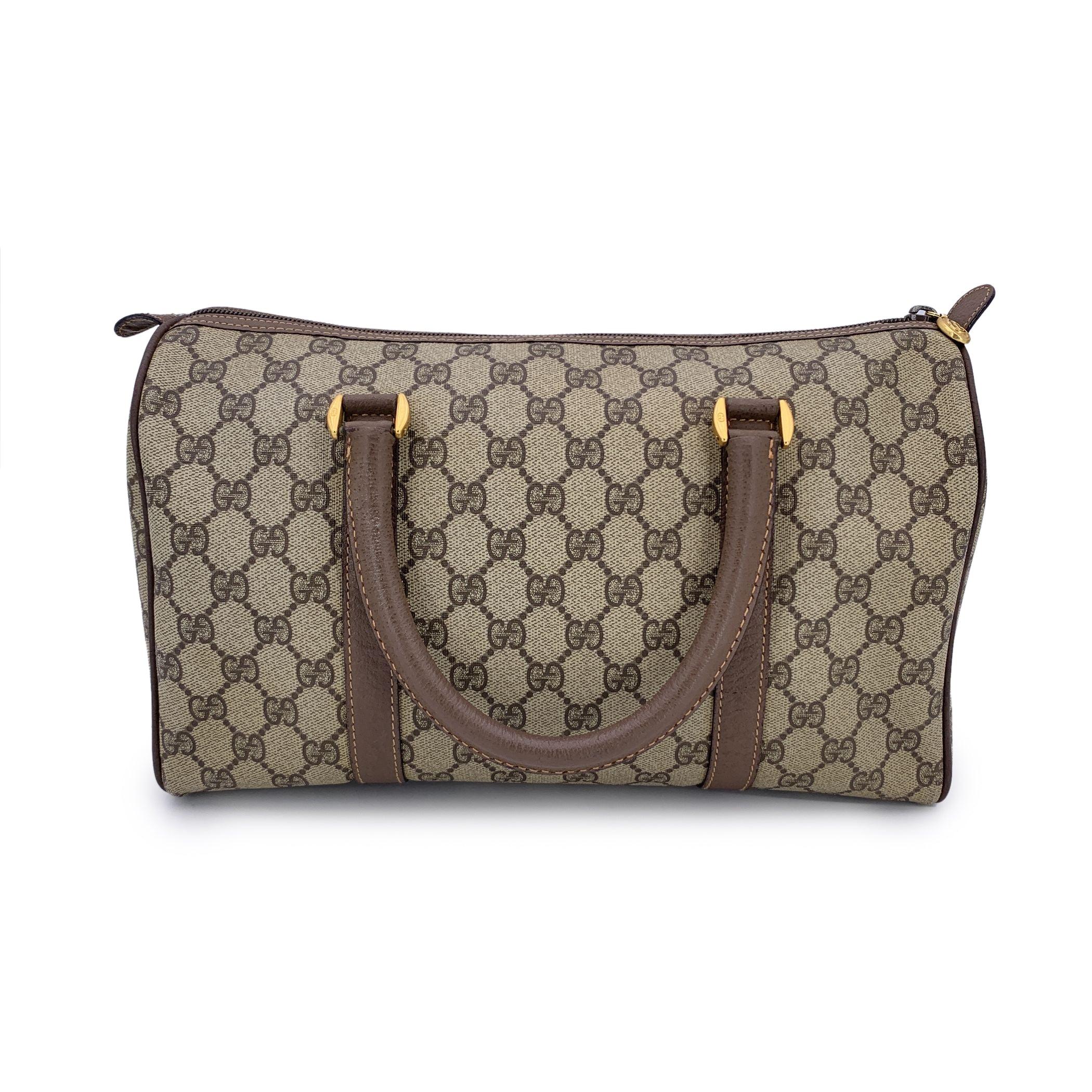 Gucci Vintage Beige Monogram Canvas Leather Boston Duffle Bag In Good Condition For Sale In Rome, Rome