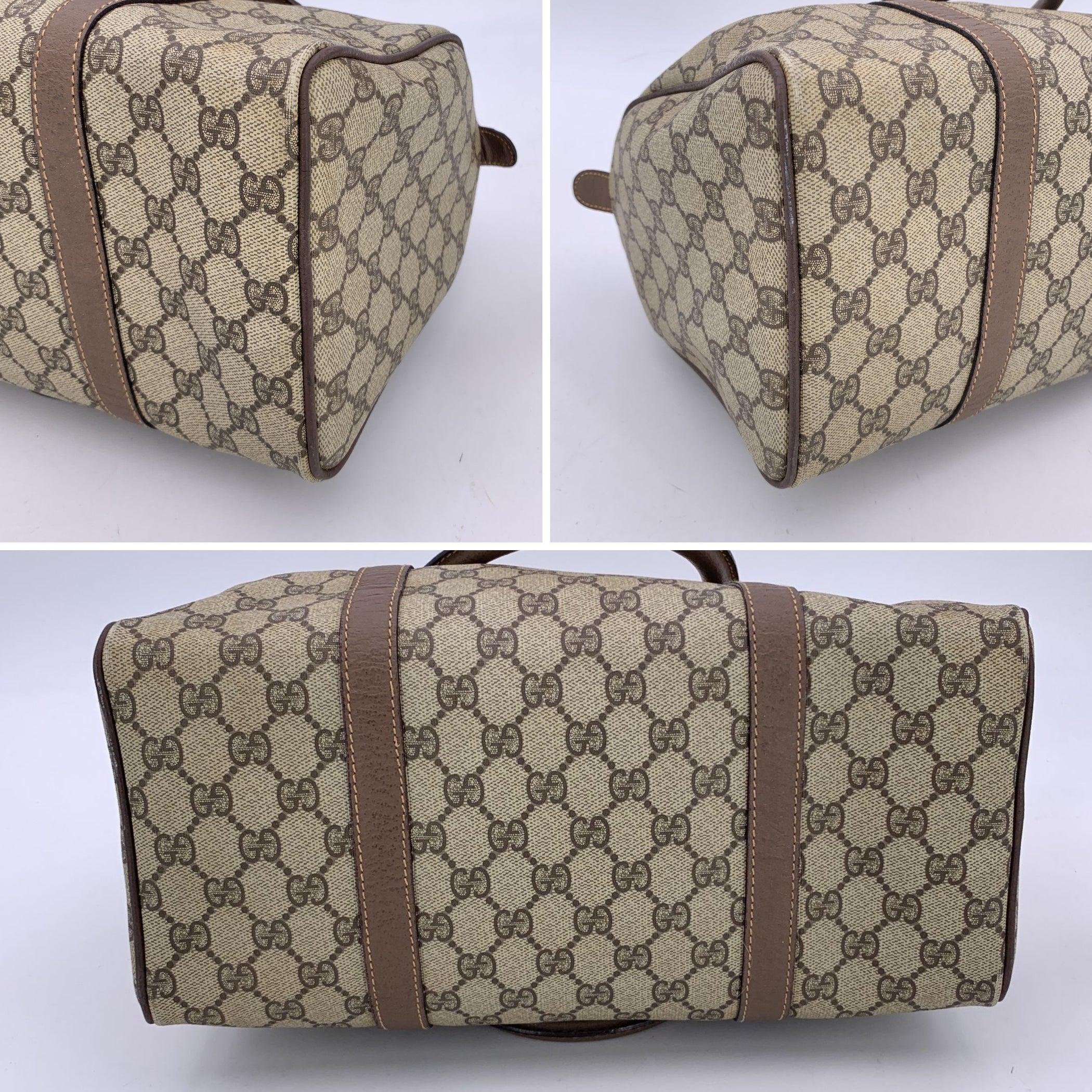 Gucci Vintage Beige Monogram Canvas Leather Boston Duffle Bag For Sale 2