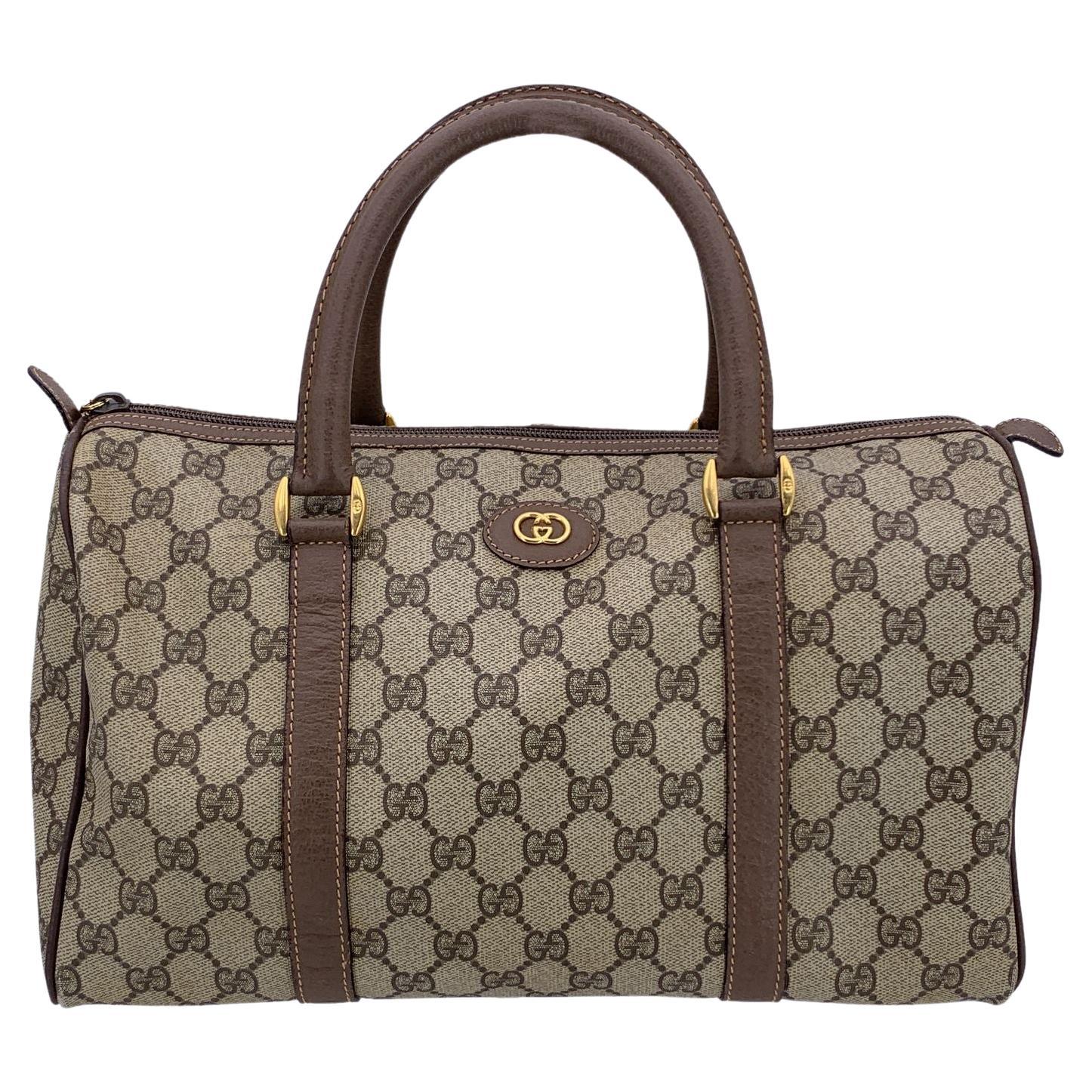 Gucci Vintage Beige Monogram Canvas Leather Boston Duffle Bag For Sale