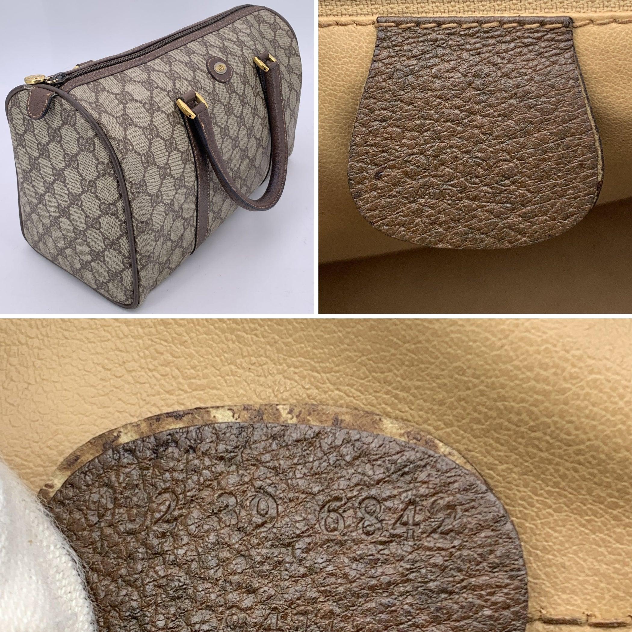 Gucci Vintage Beige Monogram Canvas Leather GG Logo Boston Bag For Sale 1