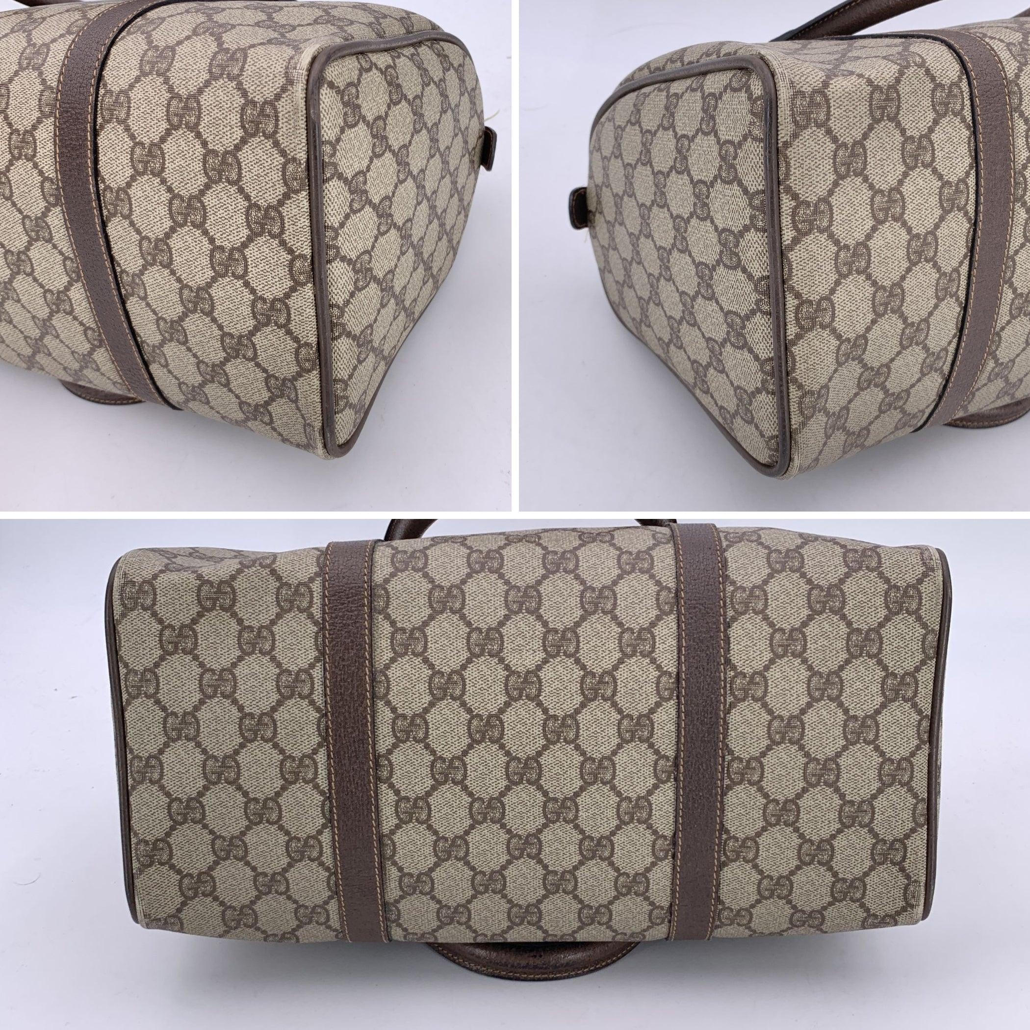 Gucci Vintage Beige Monogram Canvas Leather GG Logo Boston Bag For Sale 3