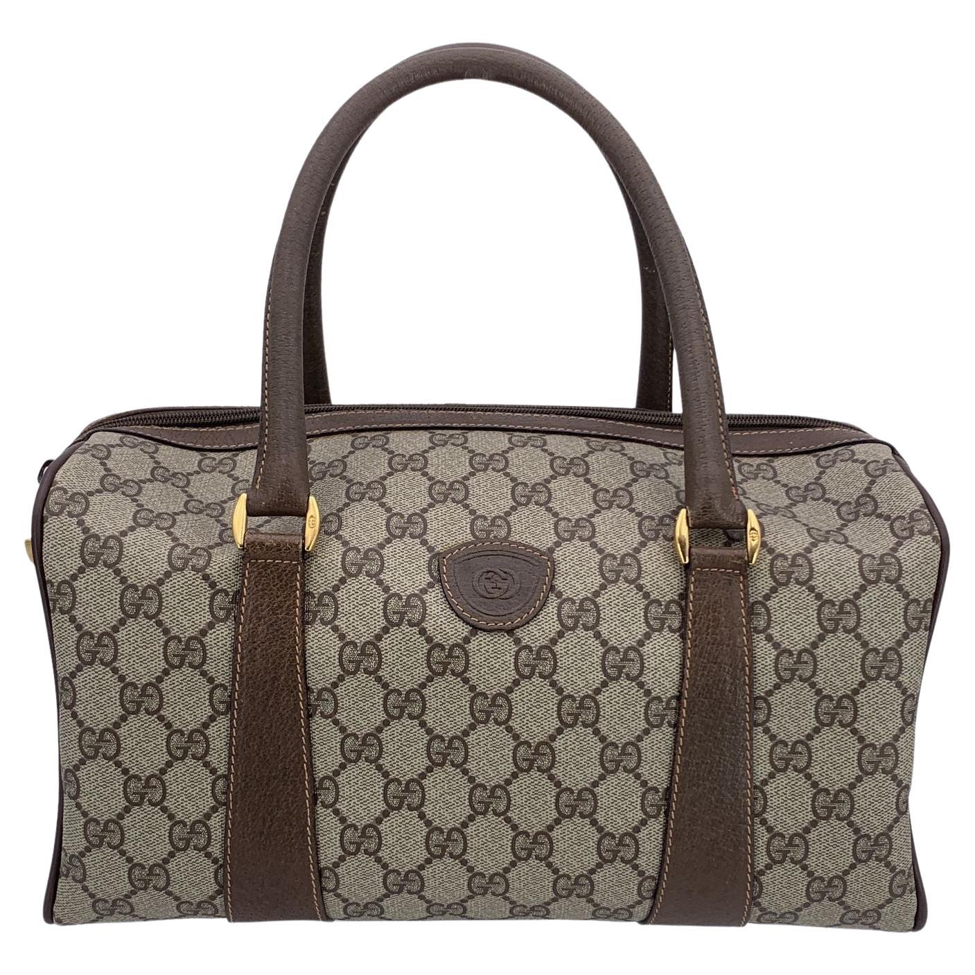 Gucci Vintage Beige Monogram Canvas Leather GG Logo Boston Bag For Sale