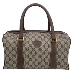 Gucci Vintage Beige Monogram Canvas Leather GG Logo Boston Bag