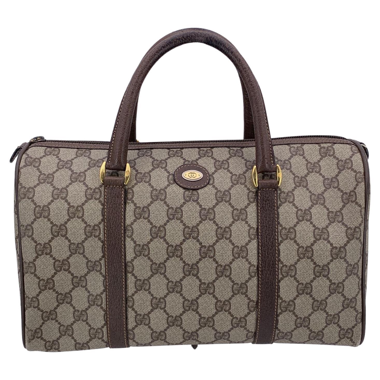 Gucci Vintage Beige Monogram Canvas Leather GG Logo Boston Bag For Sale