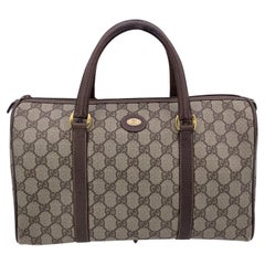 Gucci Vintage Beige Monogram Canvas Leather GG Logo Boston Bag