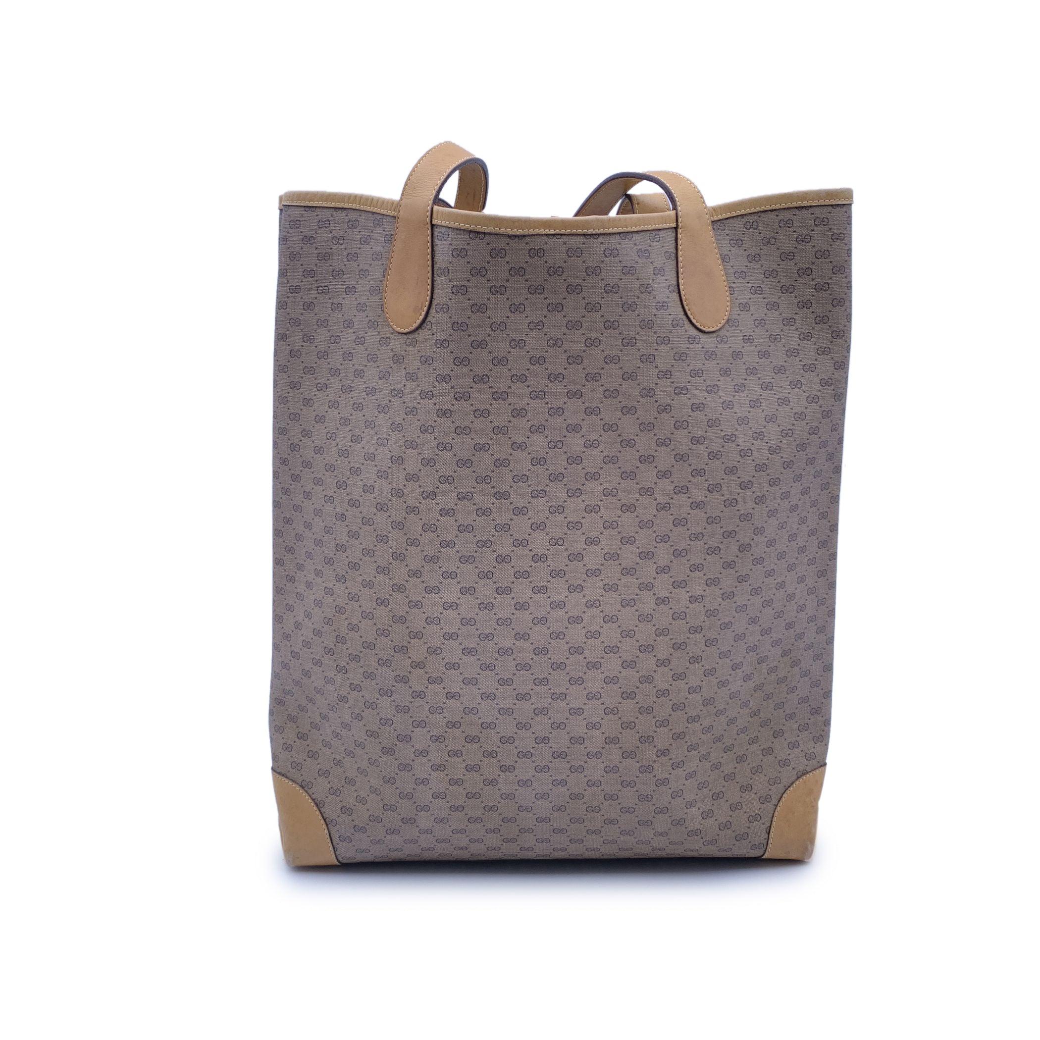 Gucci Vintage Beige Monogram Canvas Logo Tote Shopping Bag Stripes In Good Condition For Sale In Rome, Rome