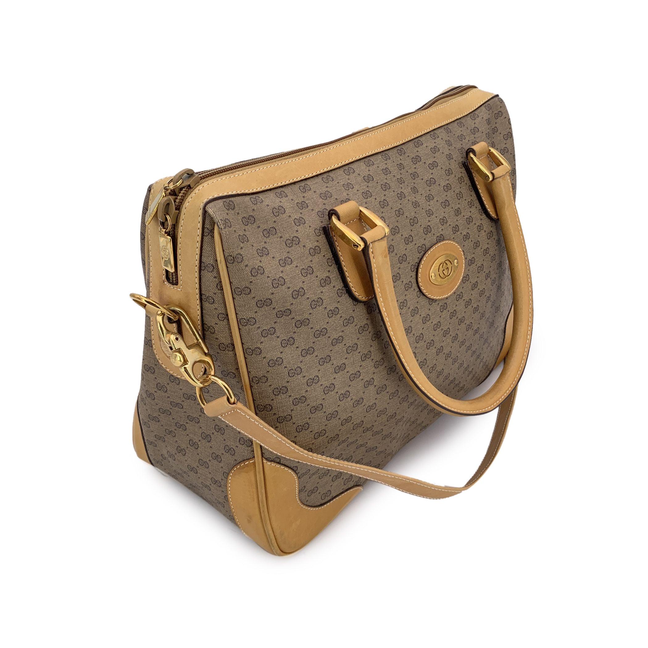 Gucci Vintage Beige Monogram Canvas Satchel Bag with Strap For Sale 1