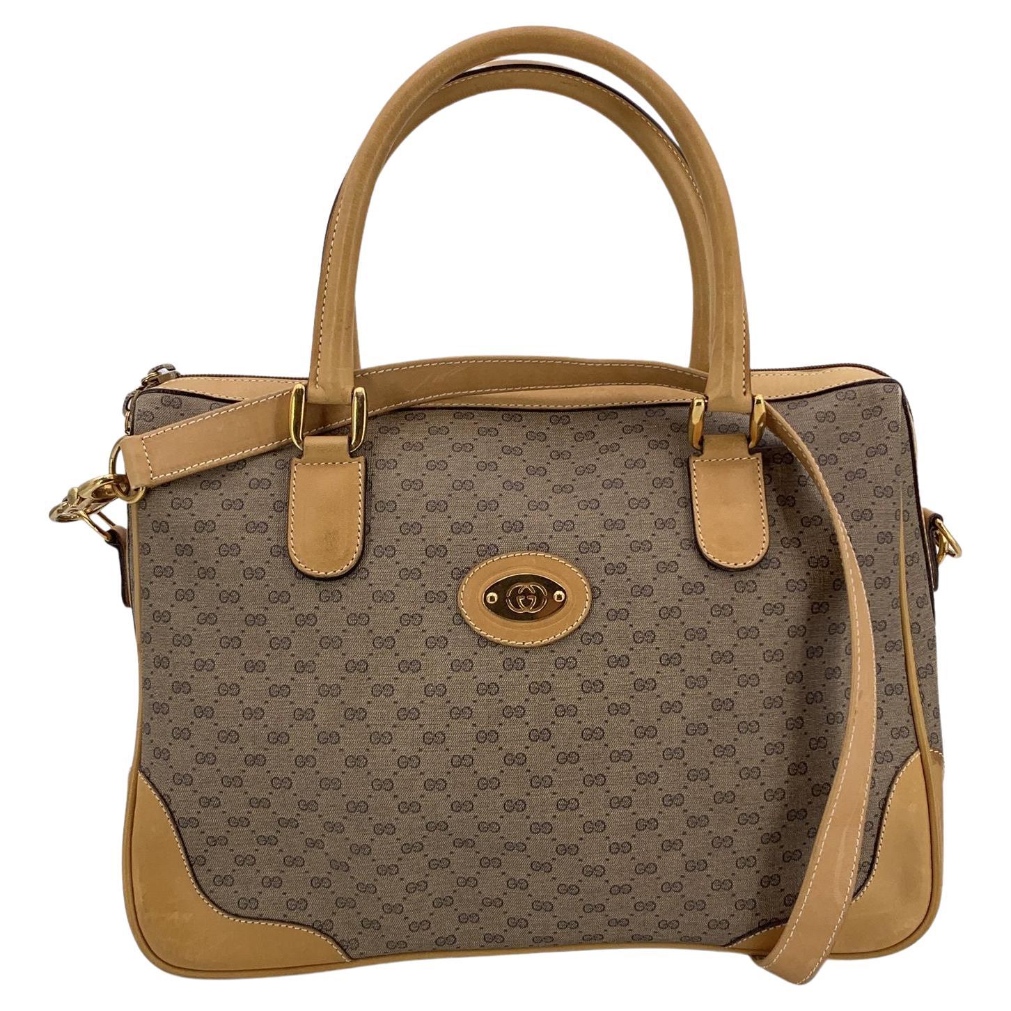 Gucci Vintage Beige Monogram Canvas Satchel Bag with Strap For Sale