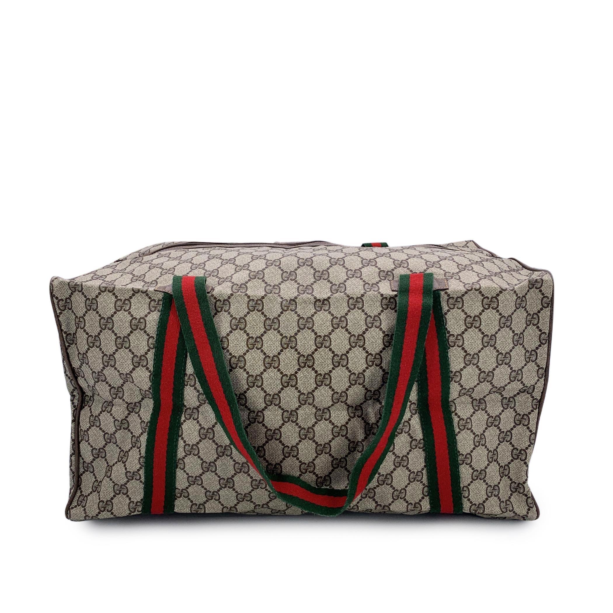 Gucci Vintage Beige Monogram Canvas Web Duffle Travel Bag In Good Condition In Rome, Rome