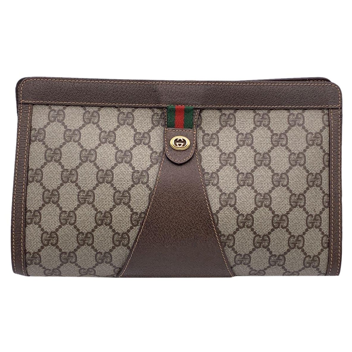 Gucci Vintage Beige Monogram Canvas Web Ribbon Cosmetic Bag Clutch