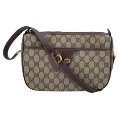 Gucci Vintage Beige Monogram Canvas Zip Messenger Crossbody Bag