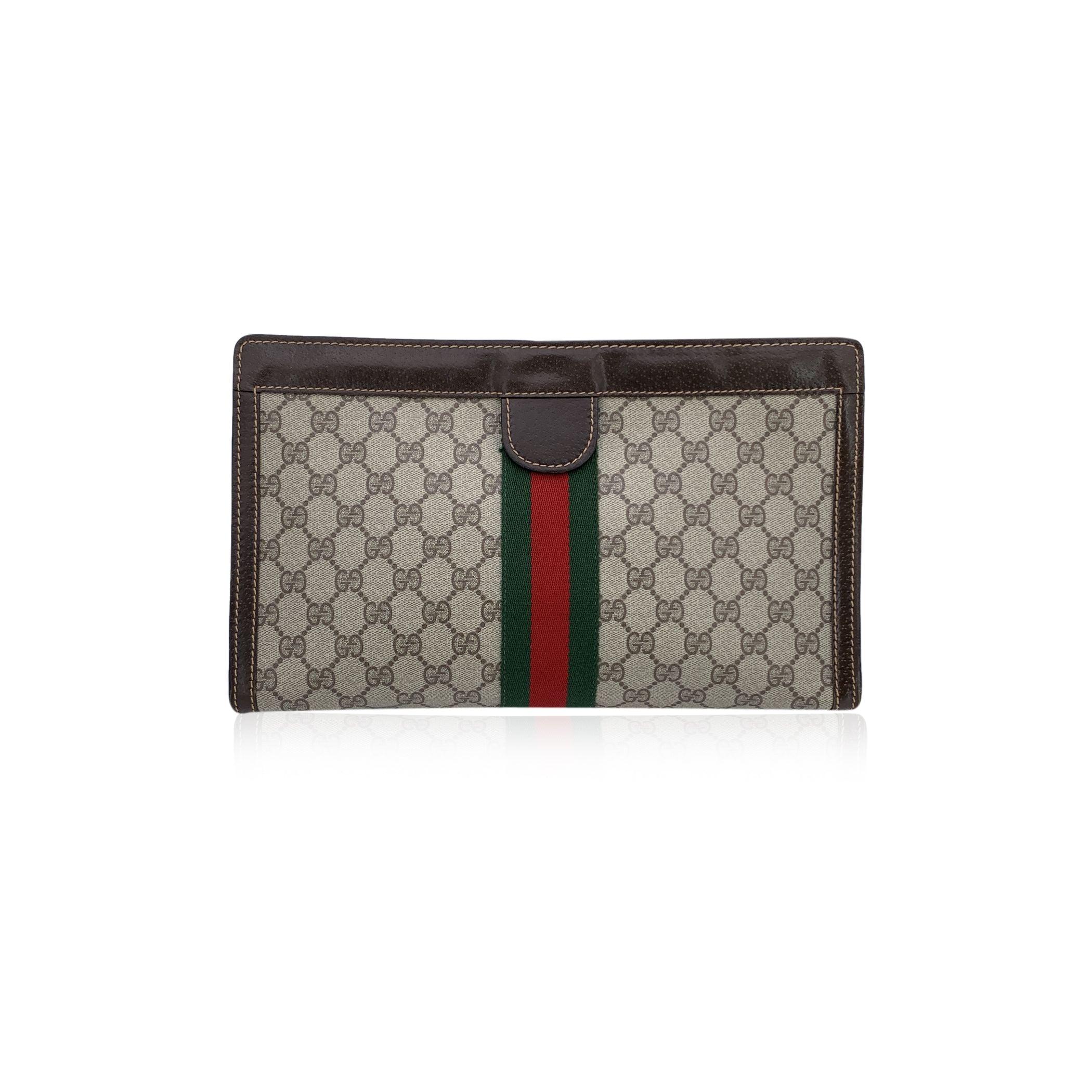 Gucci Vintage Beige Monogram Cosmetic Bag Large Clutch with Stripes In Good Condition In Rome, Rome