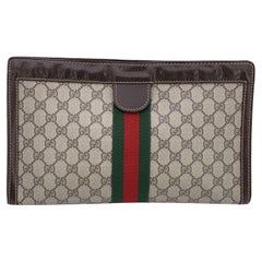 Gucci Vintage Beige Monogram Cosmetic Bag Large Clutch with Stripes