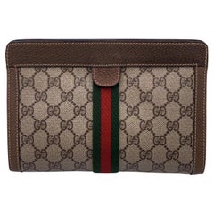 Gucci Vintage Beige Monogram Cosmetic Bag Ophidia Clutch with Stripes